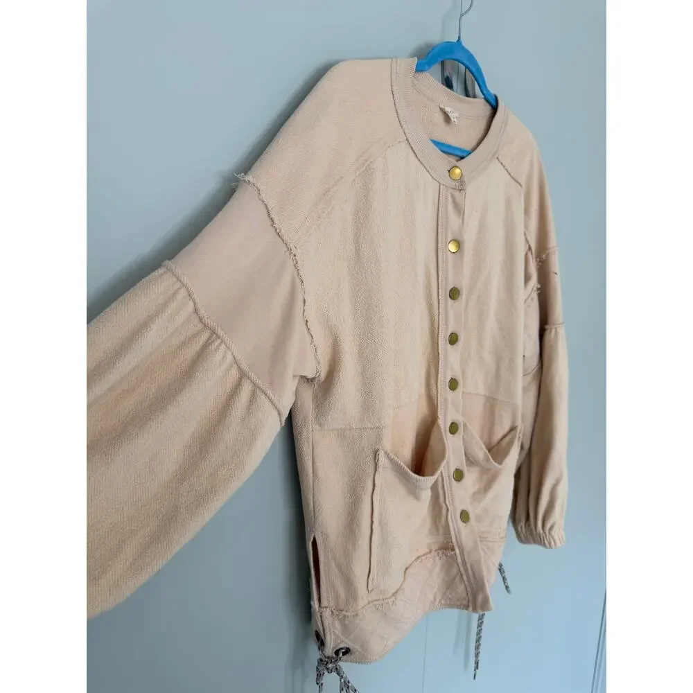 PILCRO x ANTHROPOLOGIE Button-Front Cotton Shacket in Light Sand
